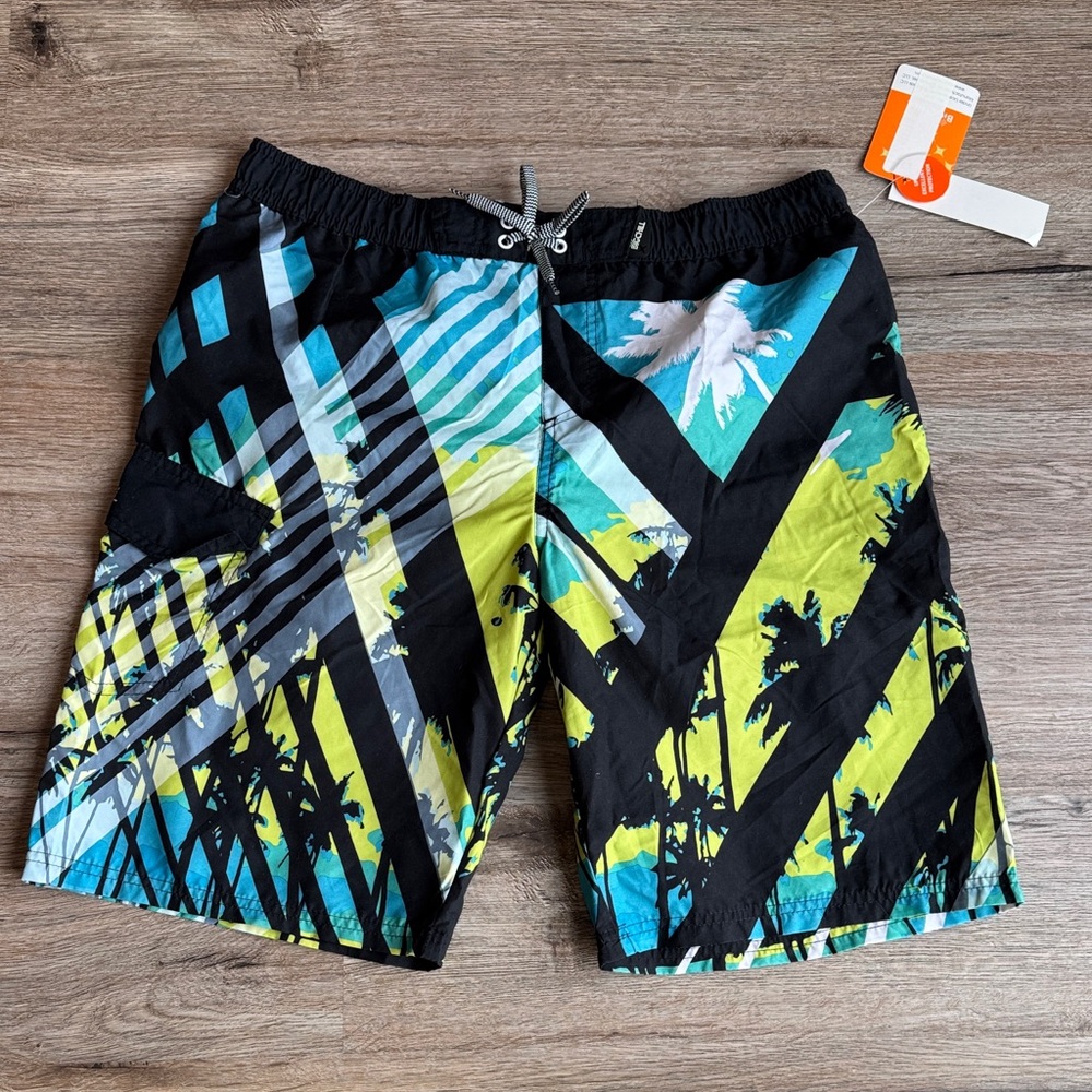 Big Chill Men's Swim Shorts with Black, Blue, and Green Stripes